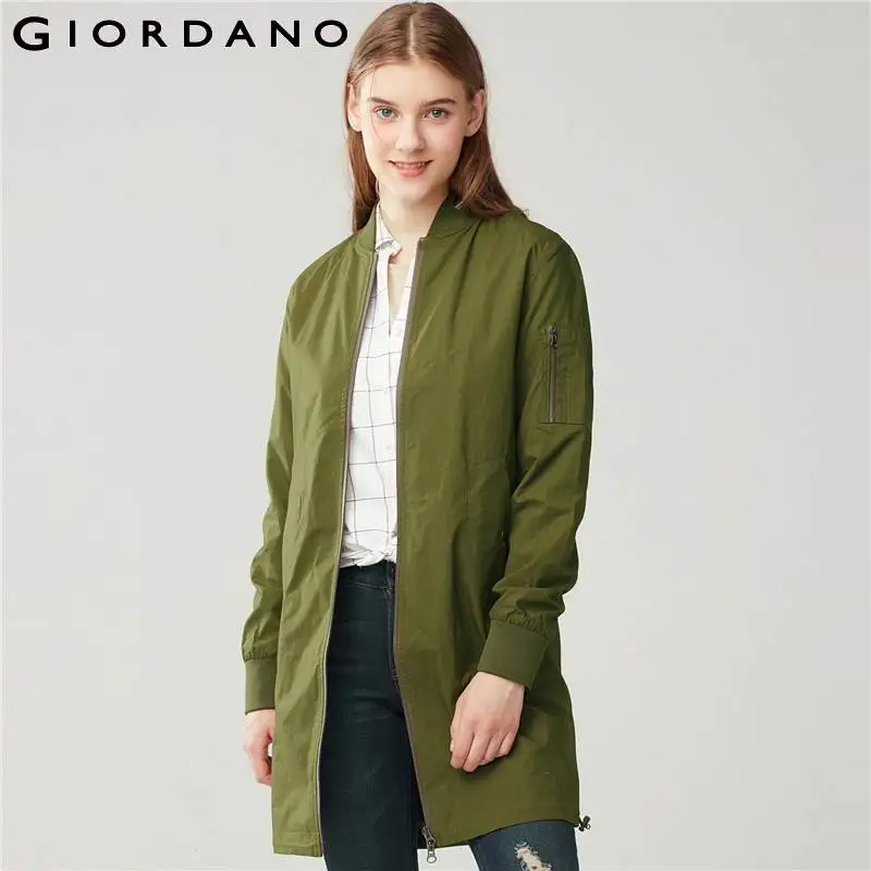 Giordano Женская куртка бомбер однотонная длинная воротник стойка с длинными