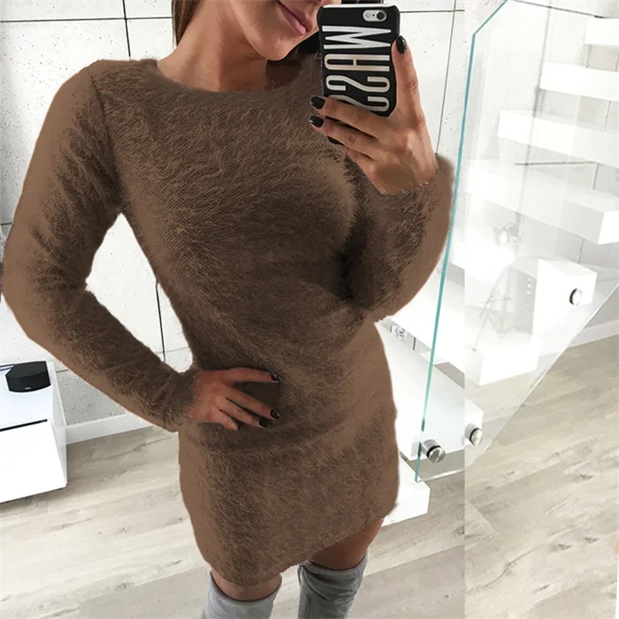 Winter Plush sweater Dress Women Party Bodycon Christmas Black clothing Sexy Mini bandage knitted Dress For Female - Цвет: coffee