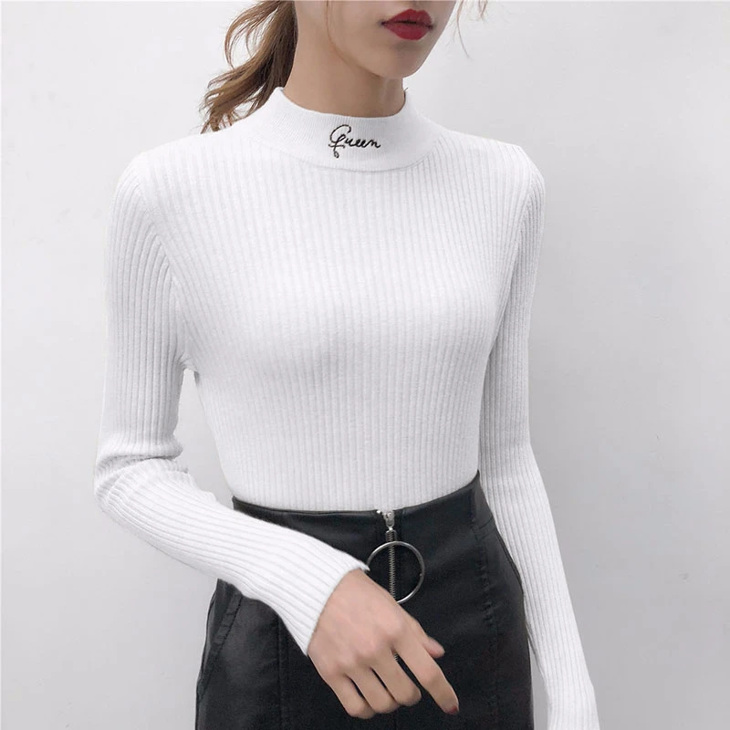 New Women Sweater Queen Embroidery Letter Knitted Pullovers Crew Neck Autumn Winter Casual Slim Elastic Ladies Knitwear | Женская одежда