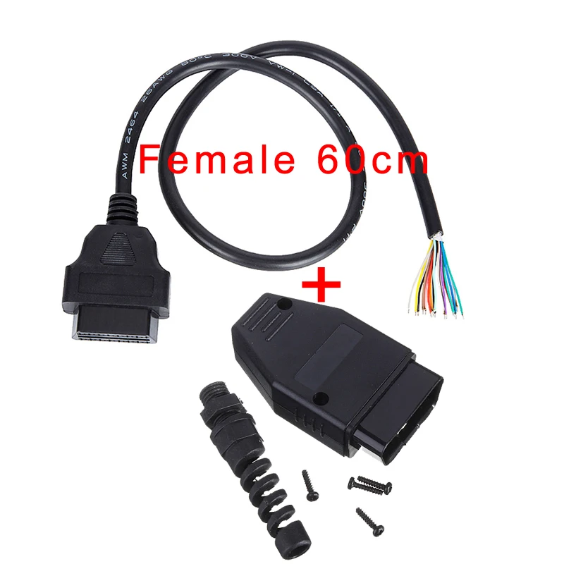 60cm Female Plug 30 см/1,5 м 16 Pin штекер OBD2 II соединительный кабель+ OBD штекер+ Корпус+ SR+ винт удлинитель открывающийся кабель диагностический инструмент - Цвет: 60cm Female Plug