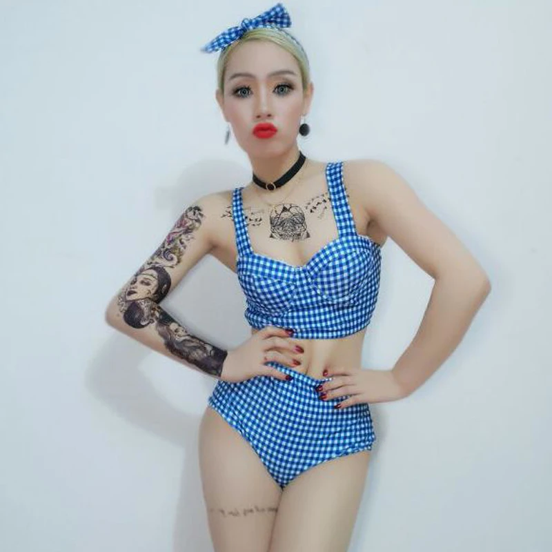 Танцевальные костюмы GoGo голубой комплект в клетку одежда джаз для музыки