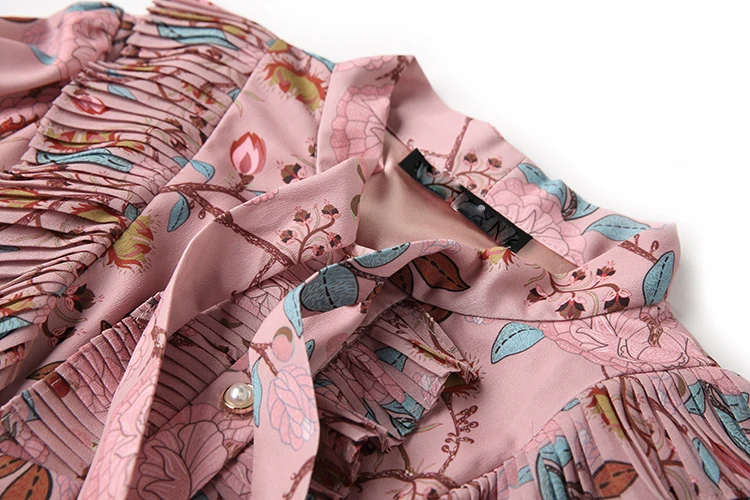 LD LINDA DELLA Spring Fashion Runway Dress Women's Long Sleeve Bow Collar Ruffles Ruched Floral Print Vintage Elegant Dress