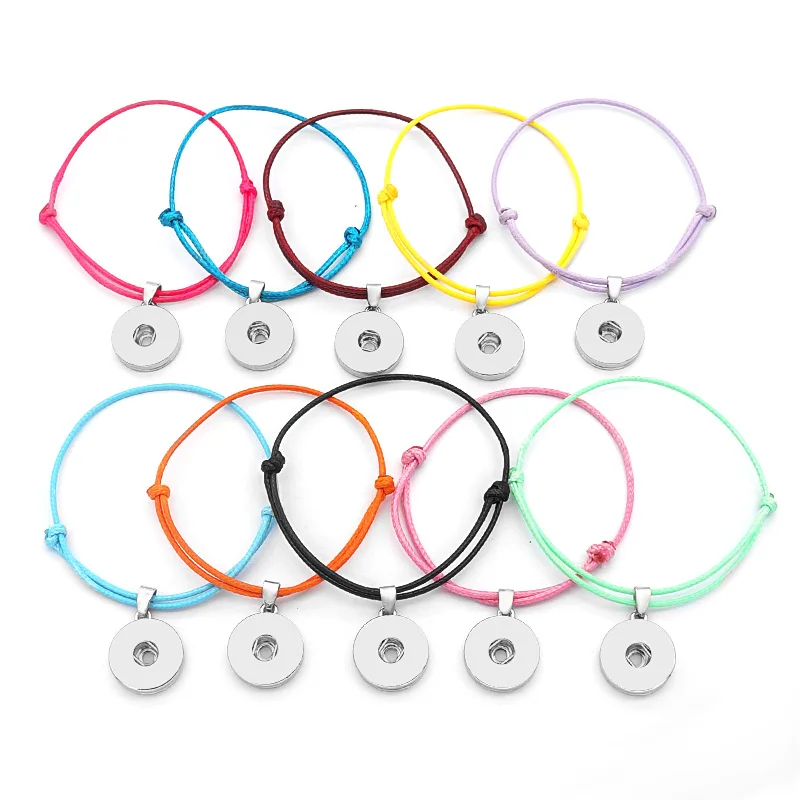 

New SE0161 colorful waxed thread manual adjustable snap bracelets 10pcs mixed fit 18mm snap buttons wholesale