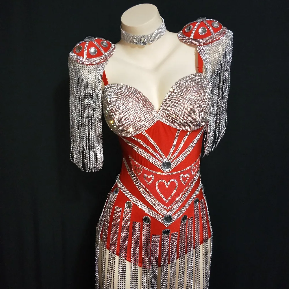 

New design 3 Colors Crystals Epaulet Fringes Leotard Sexy Women Sparkly Tassel Outfit Women Celebrate Costume Singer Dance