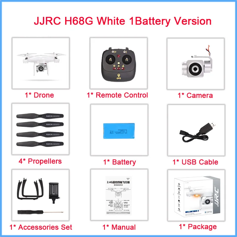 H68G-White-1Bat JJRC H68G Радиоуправляемый Дрон с камерой HD 1080P Wi-Fi FPV удерживающий высоту Профессиональный Дрон gps FPV Радиоуправляемый вертолет Квадрокоптер с камерой - Цвет: H68G-White-1Bat