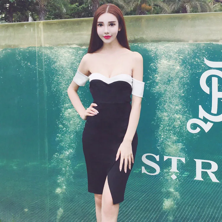 Новинка сексуальное мини-платье с вырезом лодочкой в стиле пэчворк черно-белое