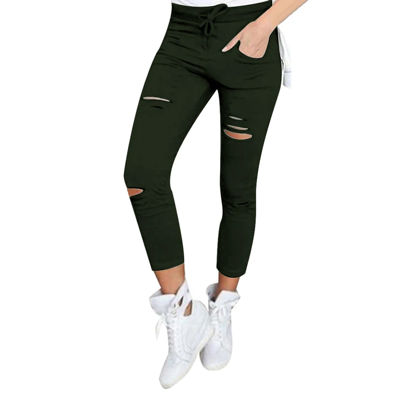 green WENYUJH, S-4XL, обтягивающие джинсы, женские джинсовые брюки с дырками, рваные, до колена, узкие брюки, повседневные брюки, черные, белые, стрейчевые, рваные джинсы - Цвет: green