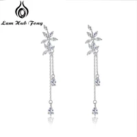 korean fashion long drop earrings 925 sterling silver flower earrings for women cubic zirconia wedding jewelry lam hub fong