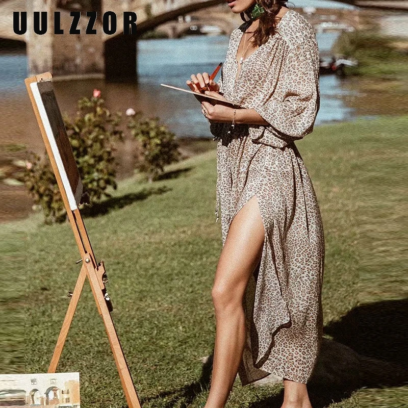 UULZZOR Summer women dress 2019 Leopard print long seleeves O-neck dresses Bohemian beach female casual High cut | Женская одежда