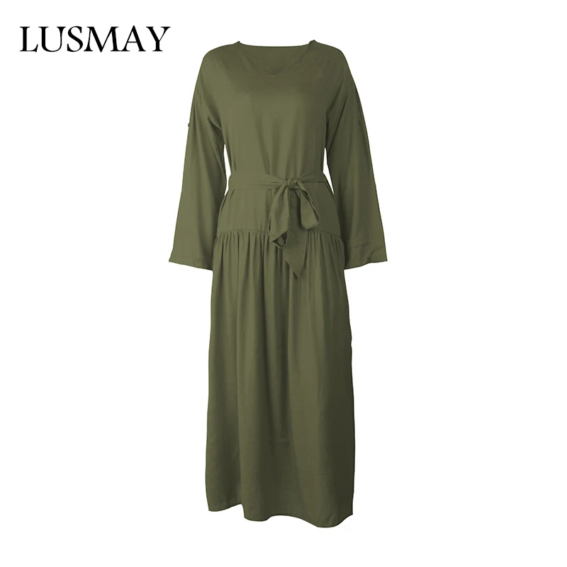 Повседневное свободное платье с поясом женское длинная юбка рукав 2018 осень мода