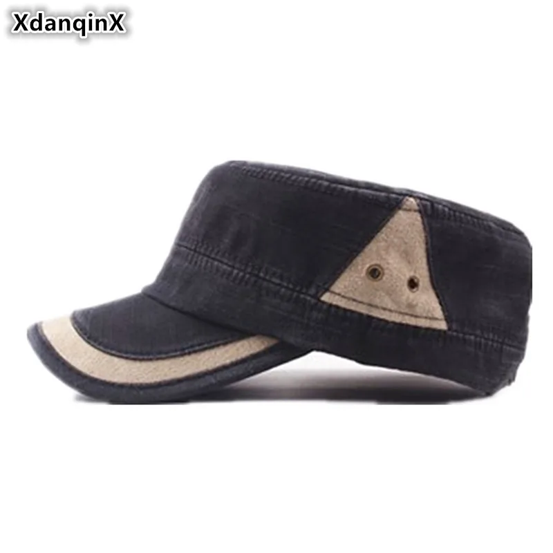 

XdanqinX Adult Men's Hat Washable Cotton Cloth Flat Top Caps Vintage Army Military Hats Adjustable Size Retro Snapback Visor Cap