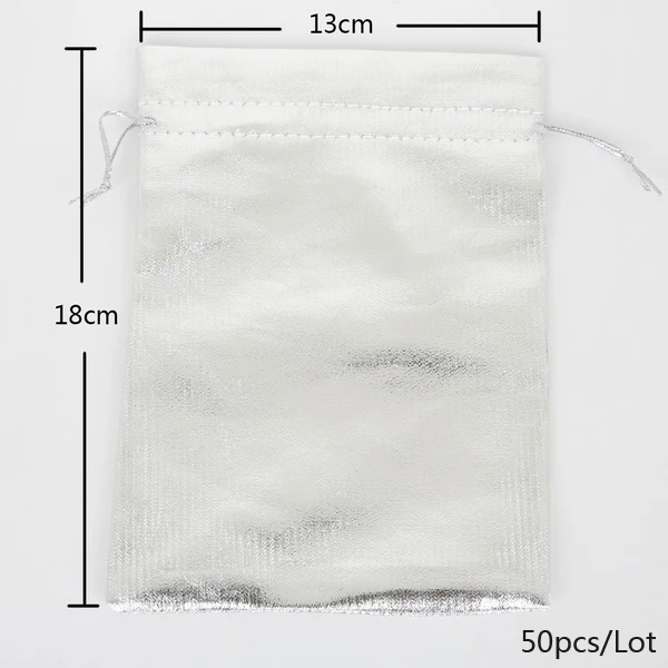 13x18cm Silver 50 шт., 7X9/9X12/10X15/13X18 см, серебристый/золотой цвет, металлическая фольга, мешочки из органзы, на Рождество, свадьбу, вечеринку, Любимые Подарки, сумки для конфет - Цвет: 13x18cm Silver