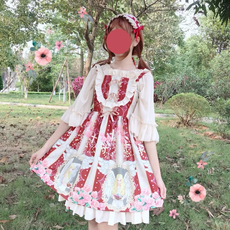 Lolita Dress Sweet Cute Kawaii Girls Princess Maid Vintage Ruffles Puff Sleeveless Red Black Pink Women dress | Тематическая одежда