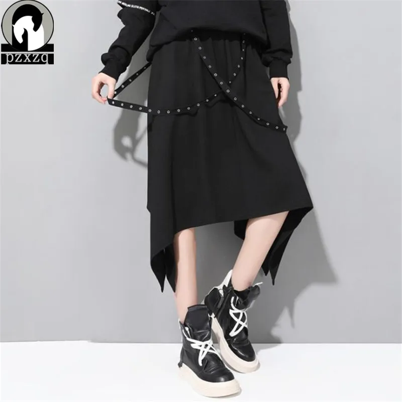 

High quality skirt womens 2019 spring and summer new style stitching cross ribbon elastic waist irregular skirt Hip-hop punk got