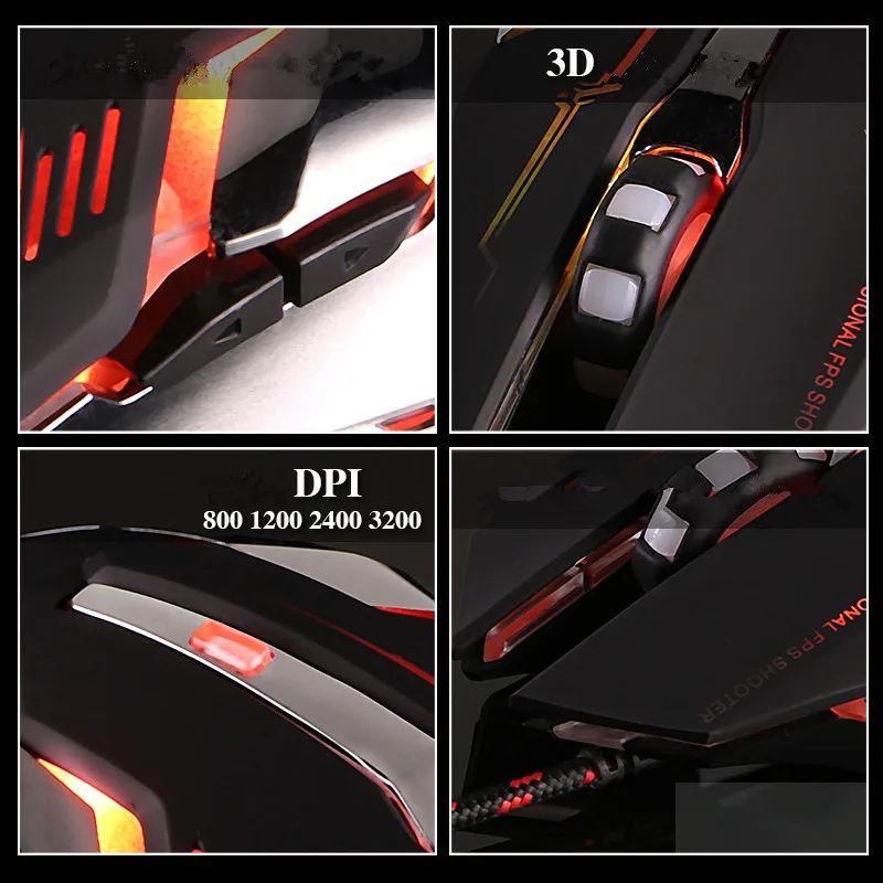 Профессиональная Проводная игровая мышь, бесшумная USB кабель 3200 dpi, 6 кнопок, 4 вида цветов светильник, геймерские Мыши для ПК, компьютера, настольного ноутбука