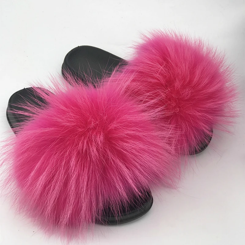 Rose Pink Женские меховые сланцы Летняя обувь домашние женские роскошные меховые тапочки домашние женские сандалии пушистый милый енот года нового размера плюс - Цвет: Rose Pink