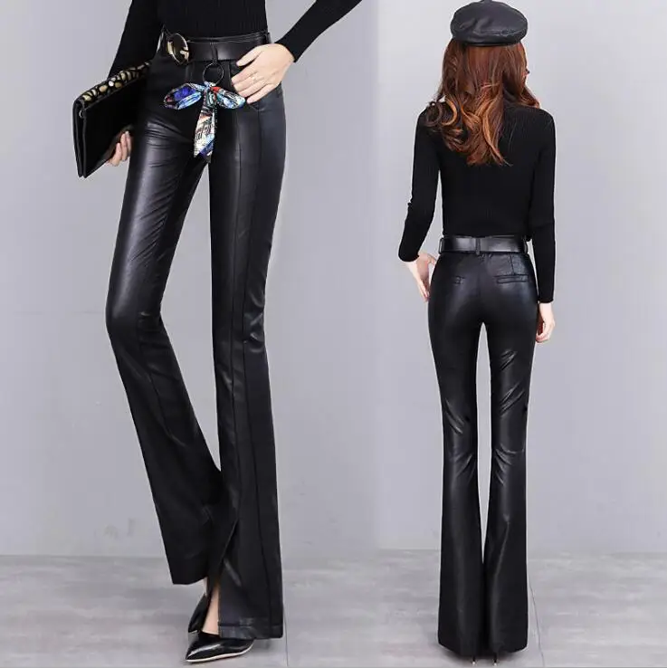 Новинка женские кожаные брюки из ПУ кожи с разрезом 2020 высокой талией в Корейском