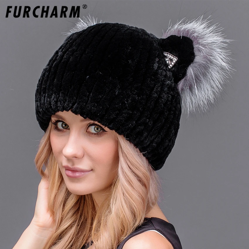 Меховая шапка Женская зимняя обувь Настоящий мех кролика шапки с милым