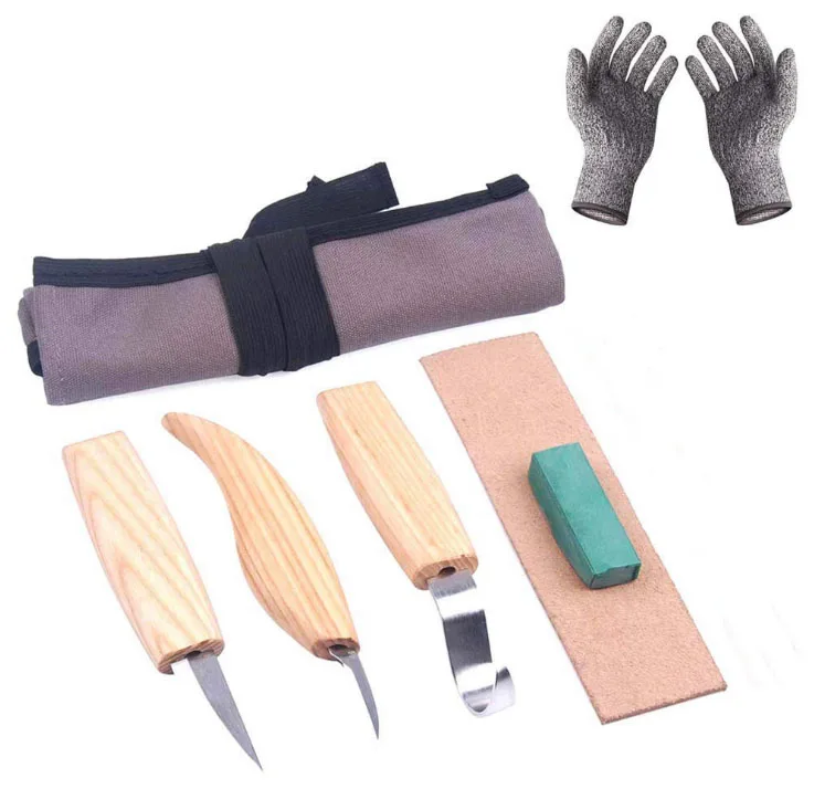5PCS and Gloves Набор ножей для резьбы по дереву, крюк, нож, ложка, инструмент для резьбы по дереву с острыми краями, долота, сделай сам, резак для начинающих, деревообработка - Тип лезвия: 5PCS and Gloves