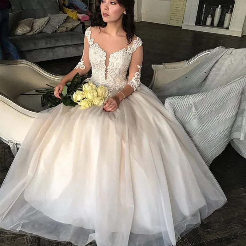 Vintage A Line Wedding Dresses With Three Quarter Length Sleeves Appliques Bridal Gowns Floor Elegant Russia Gown | Свадьбы и