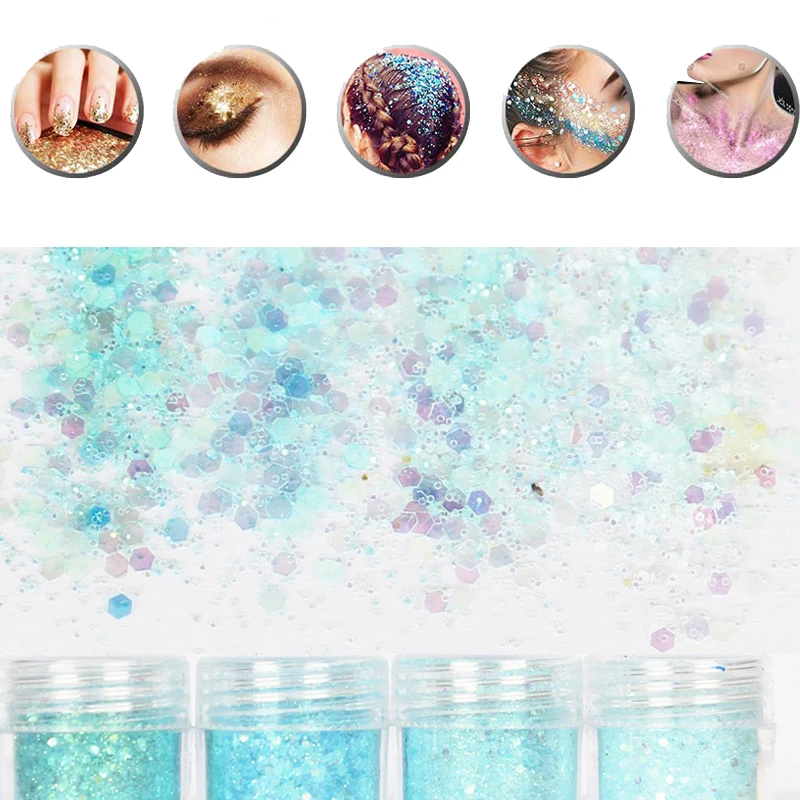 4 коробки зеленые смешанные блёстки шестиугольные формы для ногтей Порошковые