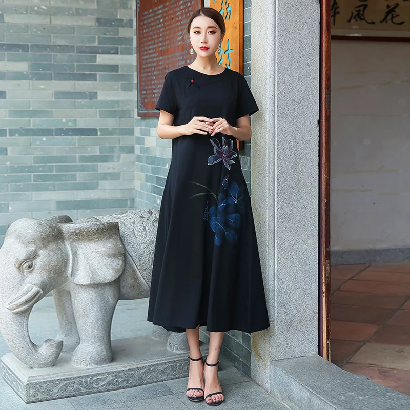 New2018Summer Ladies China style hand painted cotton long dress vintage female casual longos Vestidos plus size TUNIC XXXXXL 5XL | Женская