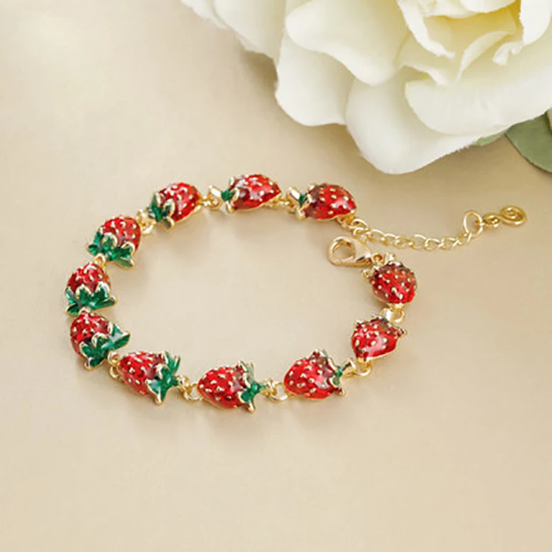 

high quality cute Retro simple fashion Bracelet sweet lovely fresh girls cartoon gold strawberries fruit shape lovers gift
