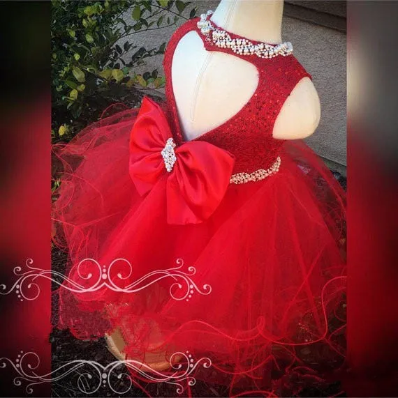 Red Puffy Organza Baby Infant Girls First Birthday Dress Keyhole Back Flower Girl Kids New Year Christmas Gowns | Детская одежда и