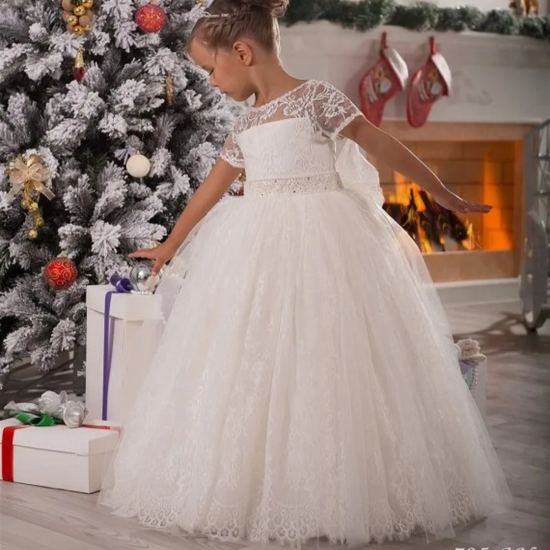 

2021 Ball Gown Floor Length Tulle Flower Girl Dresses Cute Bow Wedding Party Girl Dresses Custom Made Kids/Children Dress