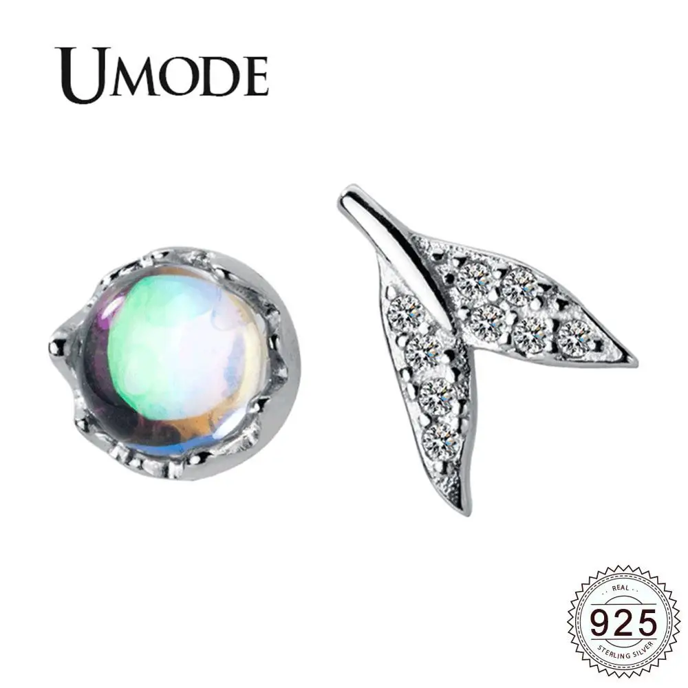 

UMODE Mermaid Tail Asymmetric 925 Sterling Silver Stud Earring Women Real Round Colored Glass s925 Earrings Fine Jewelry ULE0560