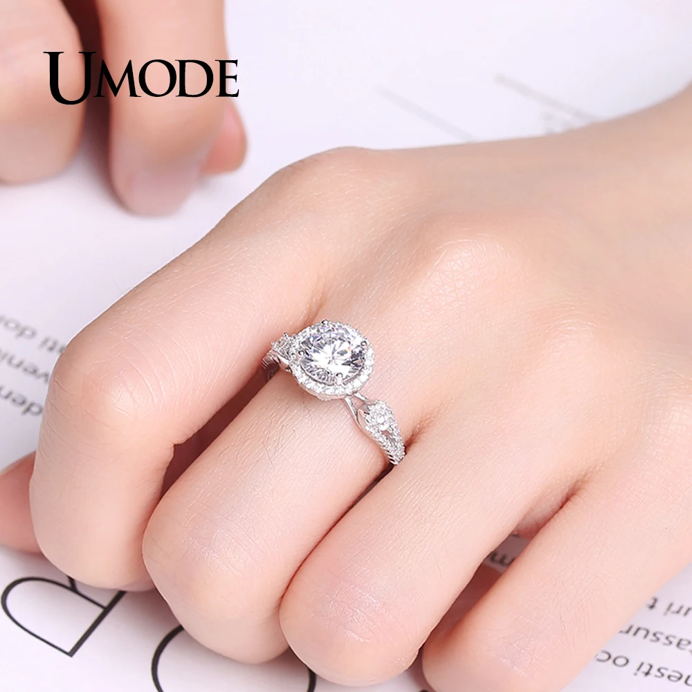 UMODE роскошные большие круглые CZ камни Свадебные обручальные кольца для женщин 925 пробы серебряные ювелирные изделия Кольца Bijoux Femme Bague ULR0338
