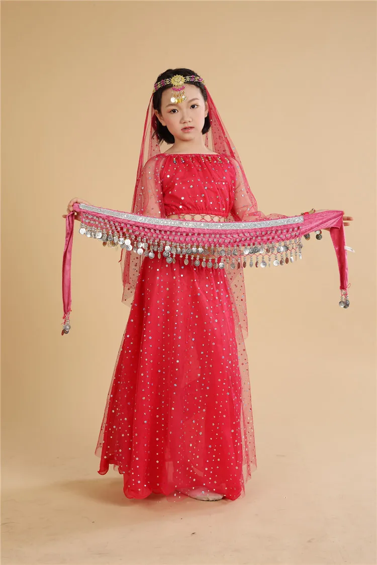 Детский костюм для индийского танца из 5 предметов девочек (топ платье вуаль пояс