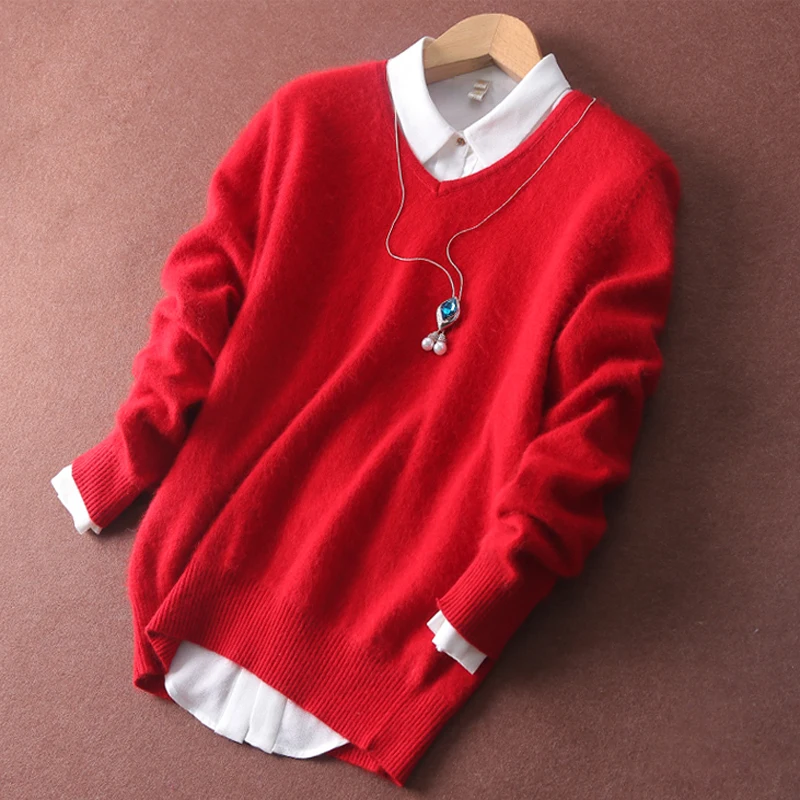 Супертеплые пушистые норковые кашемировые мягкие меховые свитера с V-образным