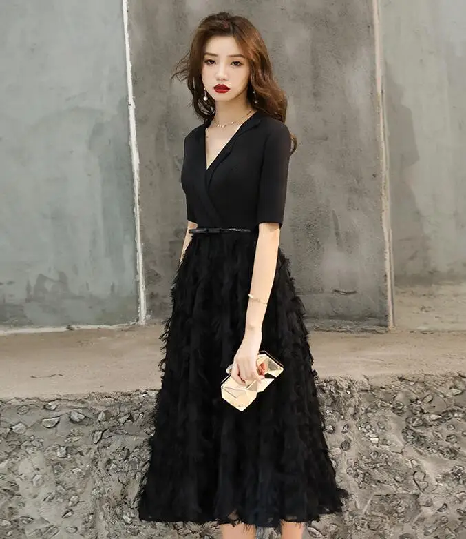 Robe De Soiree, Новое поступление, короткое платье с v-образным вырезом, бордовый, черный, белый цвет, платье для выпускного вечера, элегантные вечерние женские платья LYFY135 - Цвет: Черный