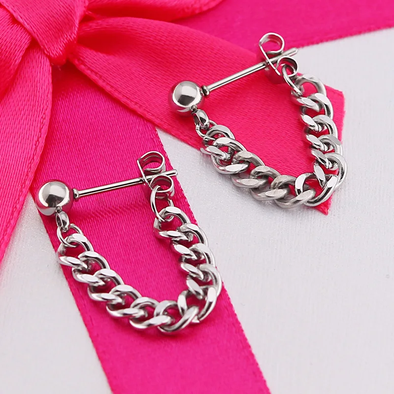 Серьги гвоздики с цепочкой brincos earing модные сережки из нержавеющей стали мужские
