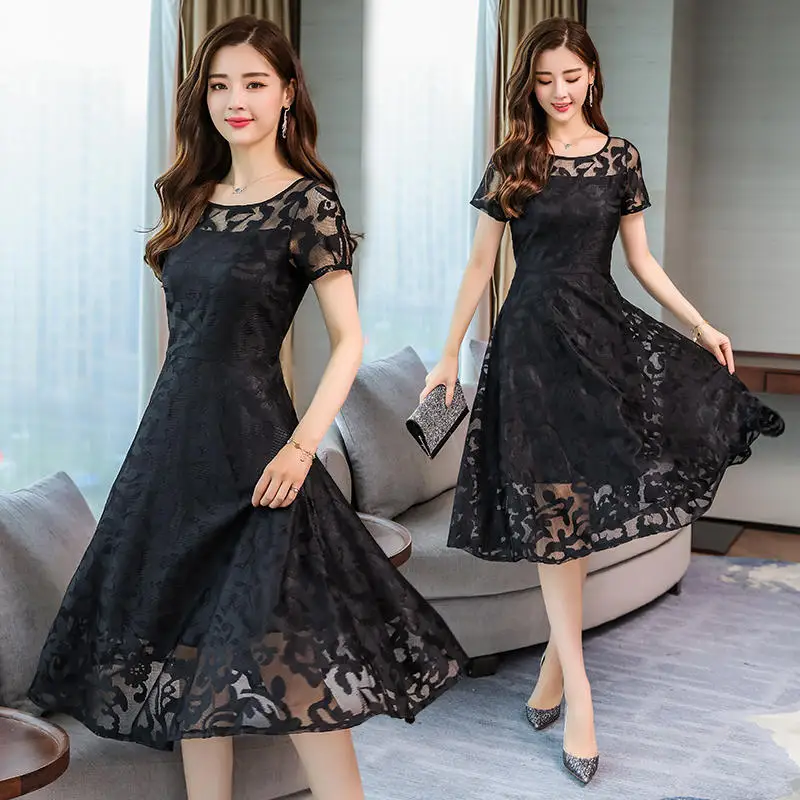 Plus Size 5XL Women Lace Dress Short Sleeve Elegant Maxi Long Summer Robe Femme Black Ladies Party Dresses Jurken C5523 | Женская одежда