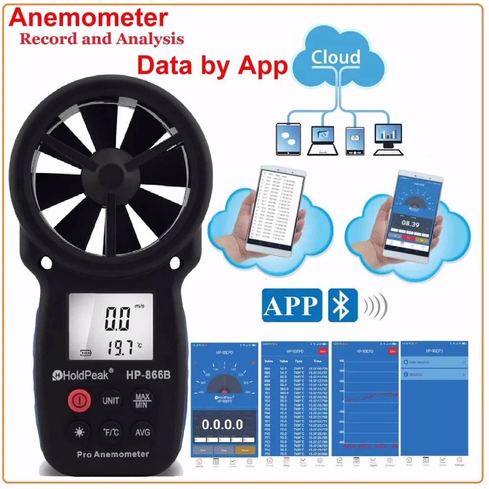 

HOLDPEAK 866B-APP Digital Anemometer With Mobile APP Wind Speed Meter Measures Temperature Wind Chill with Backlight Anemometer