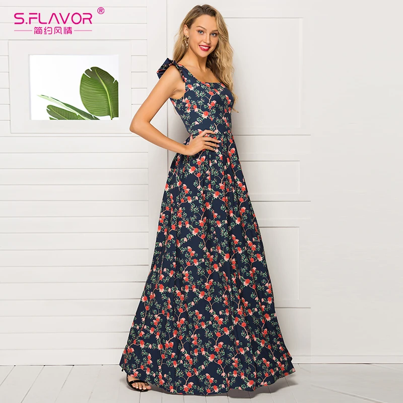 S.FLAVOR модное длинное платье в богемном стиле с квадратным воротником сексуальное
