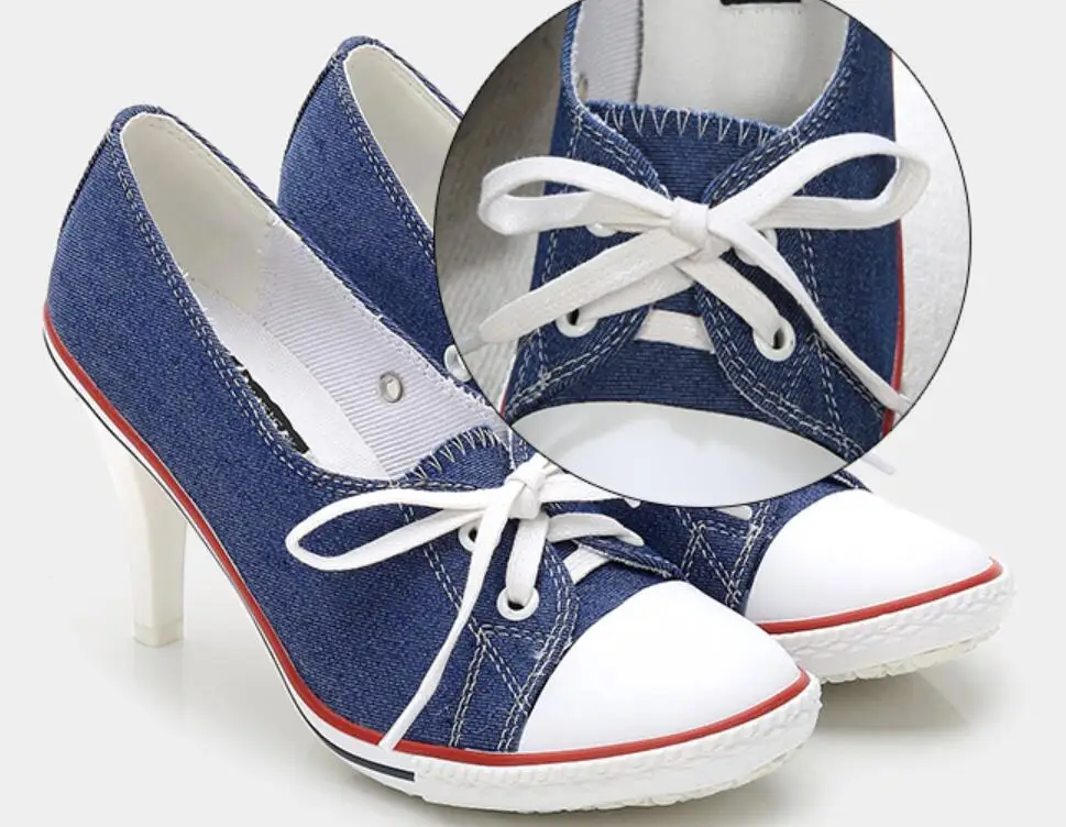 2019 Pumps 24 Style Denim High Quality Shallow Mouth Women's Shoes Heel 6 8CM Girl Canvas Student Female size 34 41|Женские туфли| |