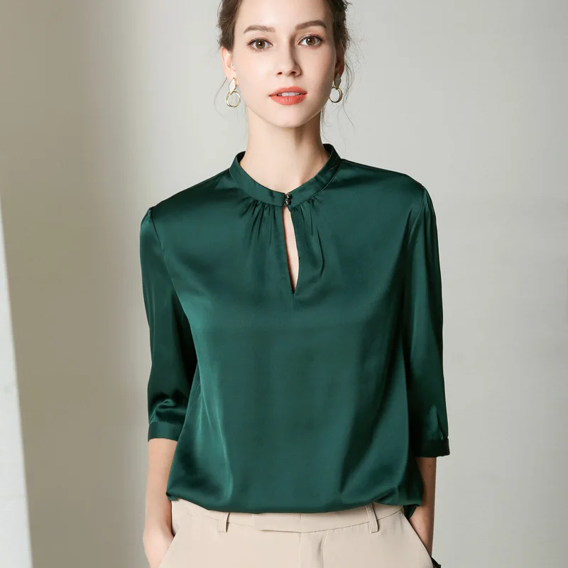 Green AYUNSUE, лето, натуральный шелк, женская блузка и топы,, Корейская, повседневная, модная, тонкая, Blusas, женская рубашка с коротким рукавом, ZS2007 - Цвет: Green