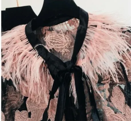 Уитни Ван 2019 Весенняя мода уличная страуса перо лоскутное кружево Florals Вышивка