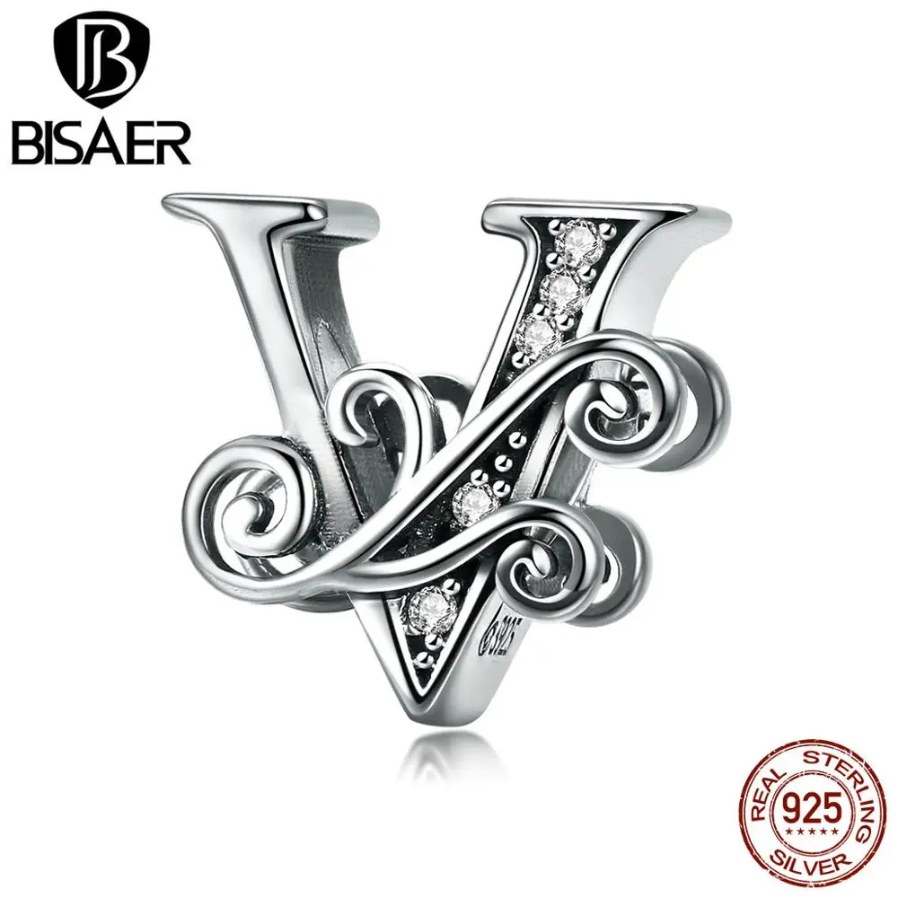 Бусины BISAER для браслета, подлинные 925 пробы, серебро, циркон, алфавит от A до Z, для женщин, изготовление ювелирных изделий, именные подарки, HVC030 - Цвет: HVC030-V