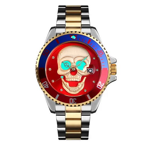 Gold red 2 Креативные мужские кварцевые часы с рисунком черепа, водонепроницаемые мужские наручные часы из нержавеющей стали, мужские часы Relogio Masculino 9195 - Цвет: Gold red 2