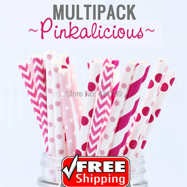 

250pcs Mixed 5 Designs PINKALICIOUS Bulk Paper Straws Wholesale, Baby, Hot Pink, Deep Pink Striped, Chevron, Polka Dot, Mini Dot
