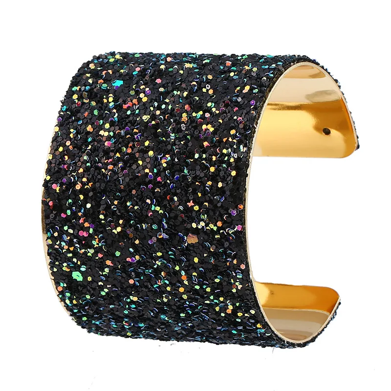 Personality Sequin Alloy Opening Wide Bangle Black Gold Jewelry Bracelet For Ladies Luxury Bracelets | Украшения и аксессуары