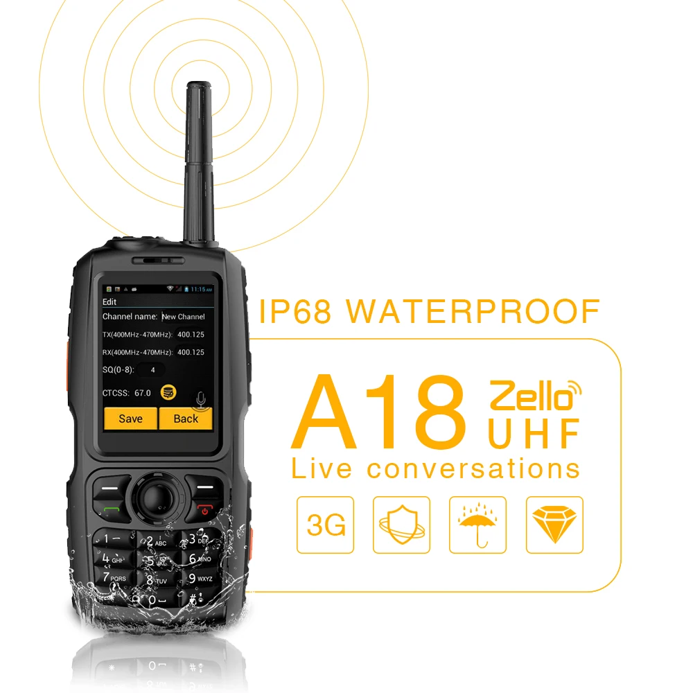 A18 Walkie Talkie с UHF 3800mah IP68 водонепроницаемый смартфон Android4.2.2 Dual SIM Smart Radio GPS Zello 3G WCDMA