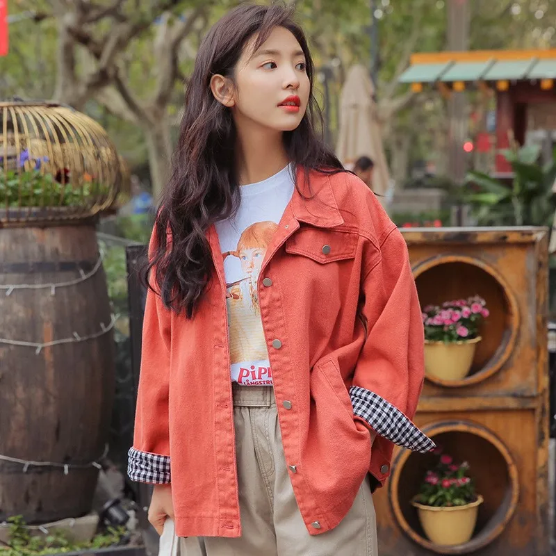 Женская джинсовая куртка в шотландскую клетку однобортная Корейском стиле