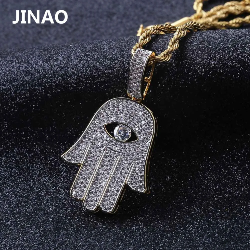 Jinao для хип-хопа Позолоченные Льдом Из Злой Глаз Хамса ручной микро проложить циркон кулон ожерелье для мужчин и женщин блестящие украшения