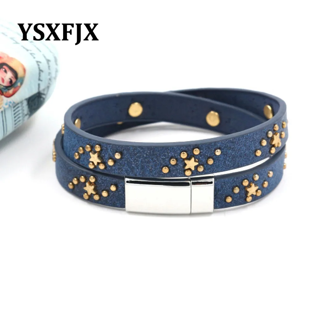 YSXFJX новая многослойная кожаный браслет женский полный звезда заклепки Имитация