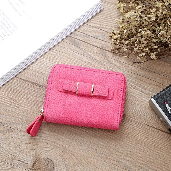 Rose Red Wallet Женский кошелек на тонкой молнии, Женский кошелек, женские короткие кошельки из искусственной кожи, милый женский кошелек с бантом, мини-чехол для карт, женские кошельки - Цвет: Rose Red Wallet